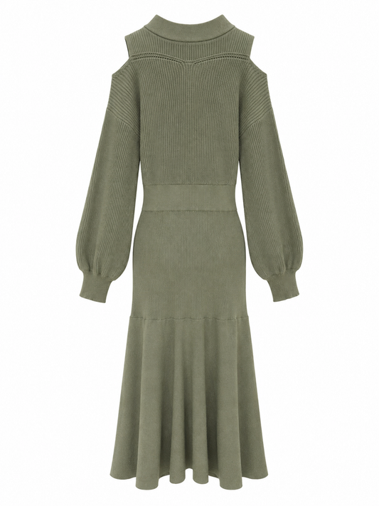 An olive green ribbed knit dress with long balloon sleeves, a mock neck, and a flared skirt, shown against a plain white background.