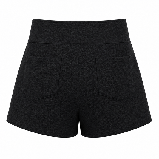 Black textured shorts with a high waistband and two back patch pockets, shown from the back on a white background.