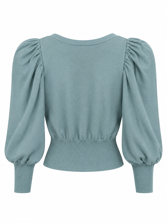 ROYAL PARTY Seafoam Blue Puff Sleeve Knit Cardigan Back Side