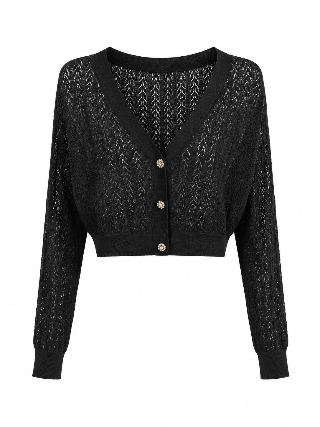 A black long-sleeve cropped cardigan featuring a textured chevron knit pattern, ribbed trim, and decorative metallic buttons, shown against a plain white background.
