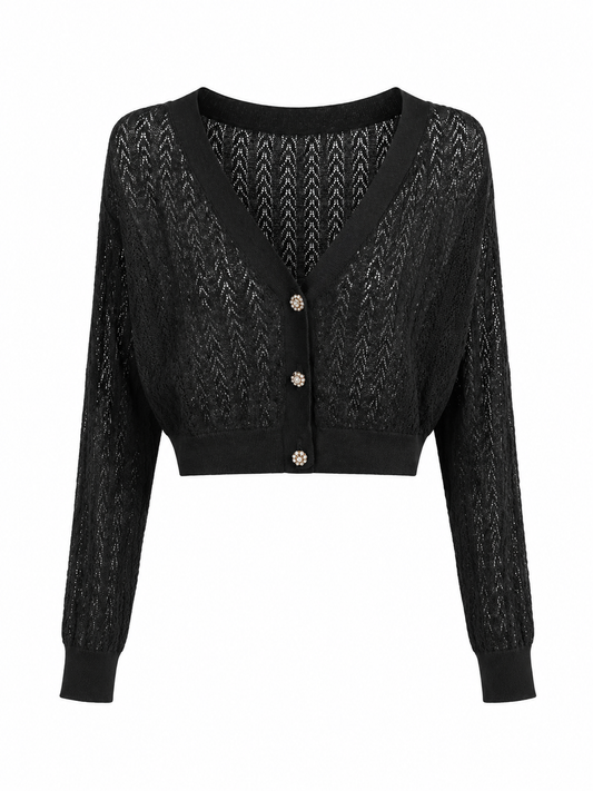 A black long-sleeve cropped cardigan featuring a textured chevron knit pattern, ribbed trim, and decorative metallic buttons, shown against a plain white background.