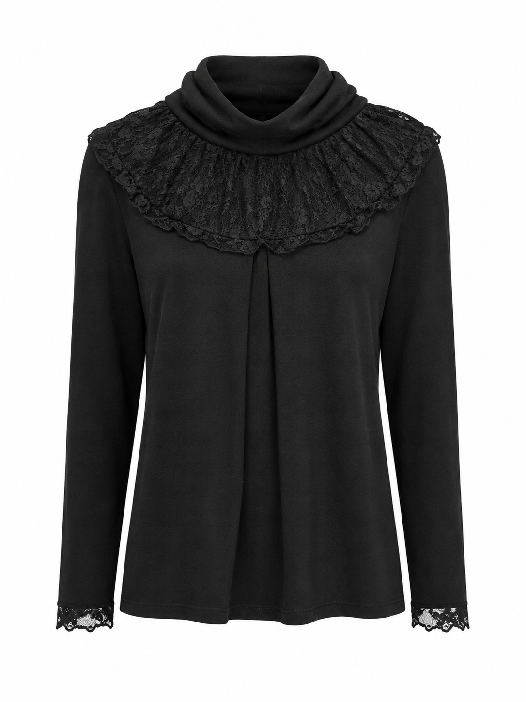 A black long-sleeve blouse featuring a wide, decorative ruffled lace collar and matching lace trim at the cuffs, shown against a plain white background.