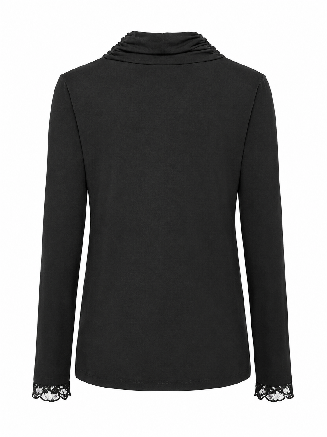 A black long-sleeve top with a draped mock neck and delicate white lace trim at the cuffs, shown against a plain white background.