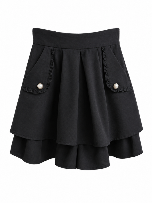AXES FEMME Black Layered A-Line Skirt with Pearl Pocket Details