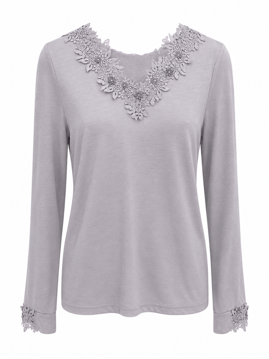 AXES FEMME Light Lavender Floral Lace Trim Long Sleeve Top