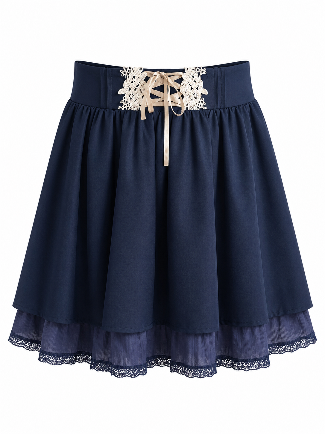 A navy blue A-line skirt featuring a lace-up waist adorned with white floral lace appliques and a beige ribbon tie, with a sheer ruffled hem finished with a delicate lace edge.