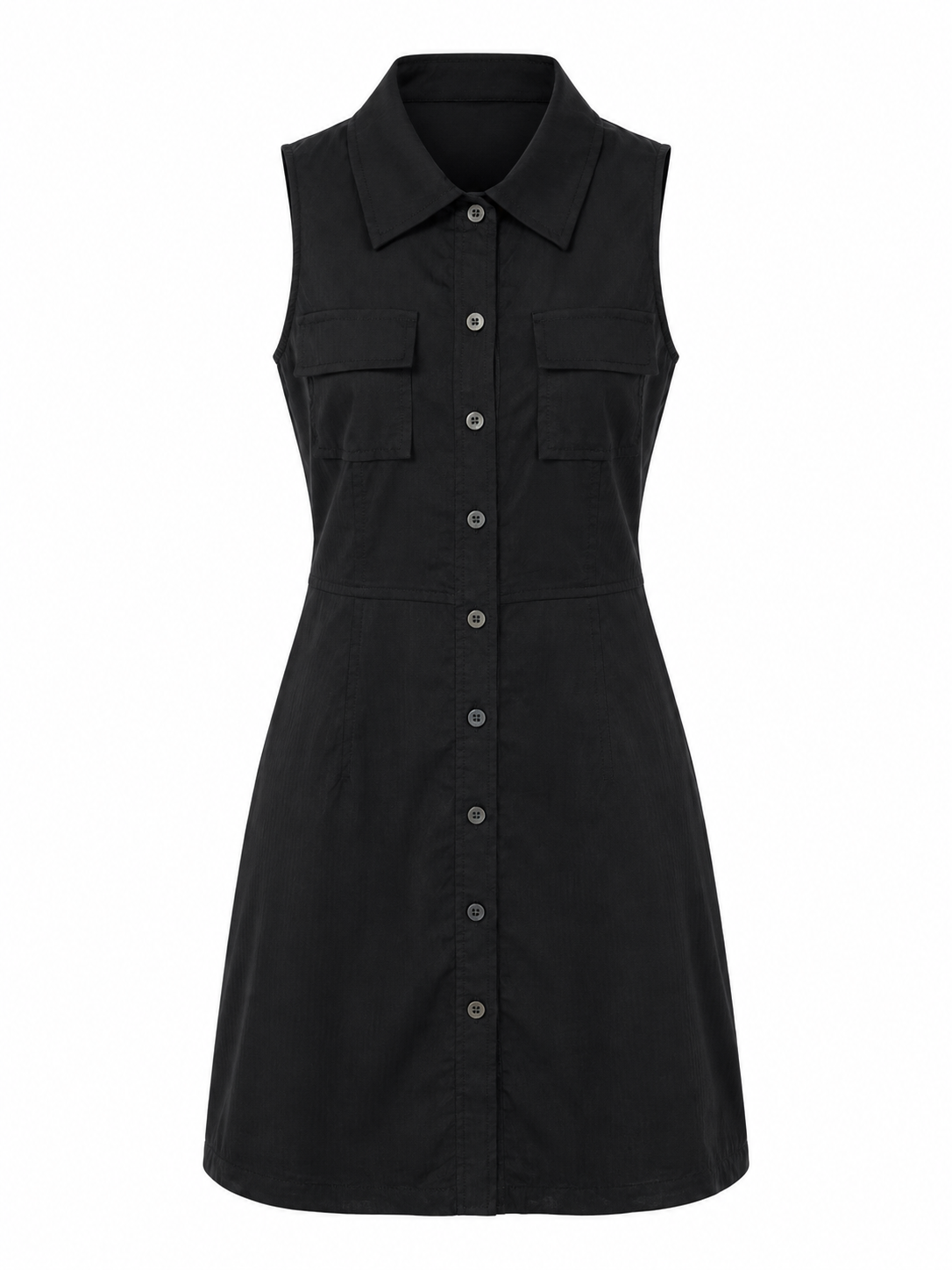 A black sleeveless collared shirt dress with a button-down front and flap chest pockets, shown on a plain white background.