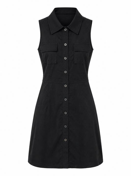 A black sleeveless collared shirt dress with a button-down front and flap chest pockets, shown on a plain white background.