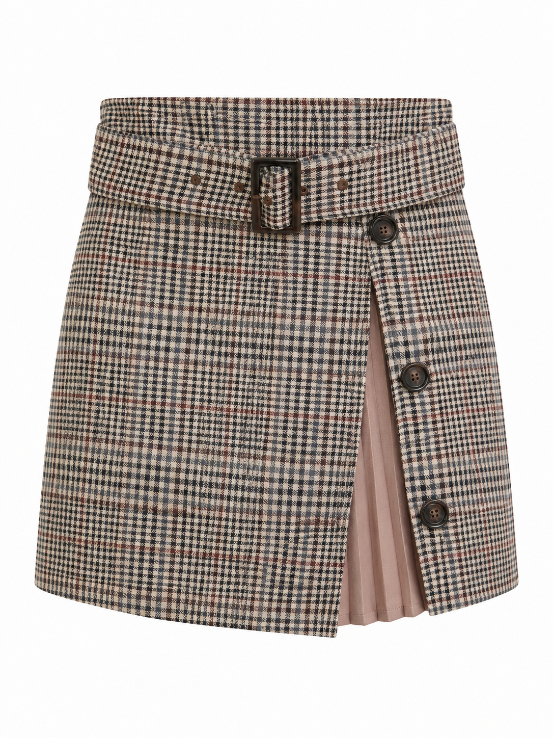 CECIL MCBEE Beige Plaid Belted Wrap Skort with Pleated Panel