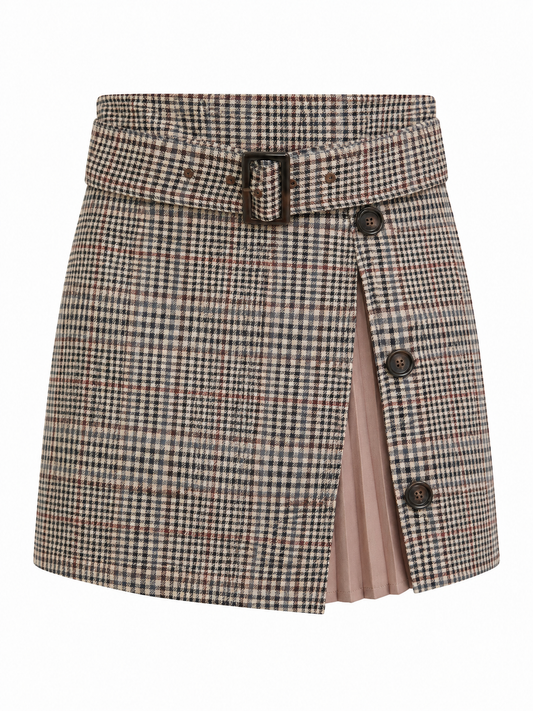 CECIL MCBEE Beige Plaid Belted Wrap Skort with Pleated Panel