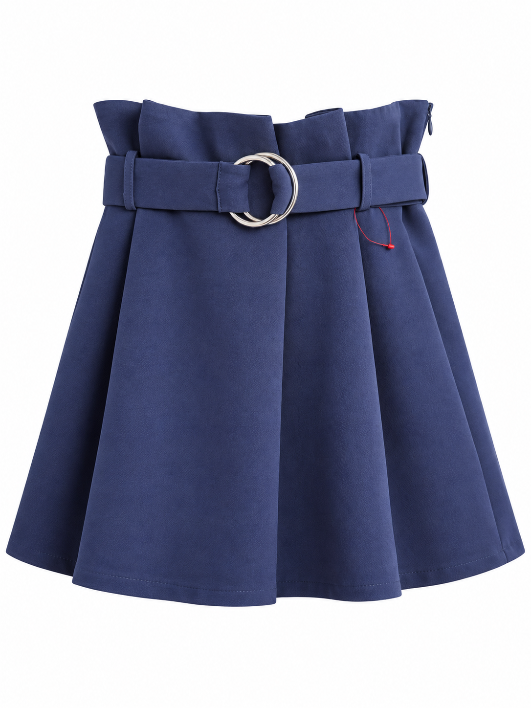 A navy blue pleated mini skirt with a matching fabric belt and a prominent silver-tone double-ring buckle, shown against a plain white background.