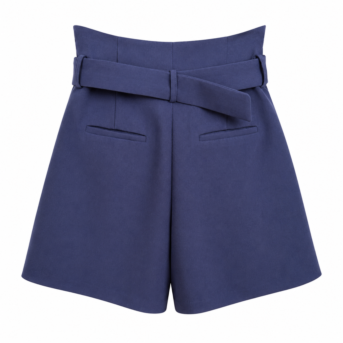 A pair of high-waisted navy blue shorts featuring a matching fabric tie belt at the waist, two front welt pockets, and a structured silhouette, shown against a plain white background.