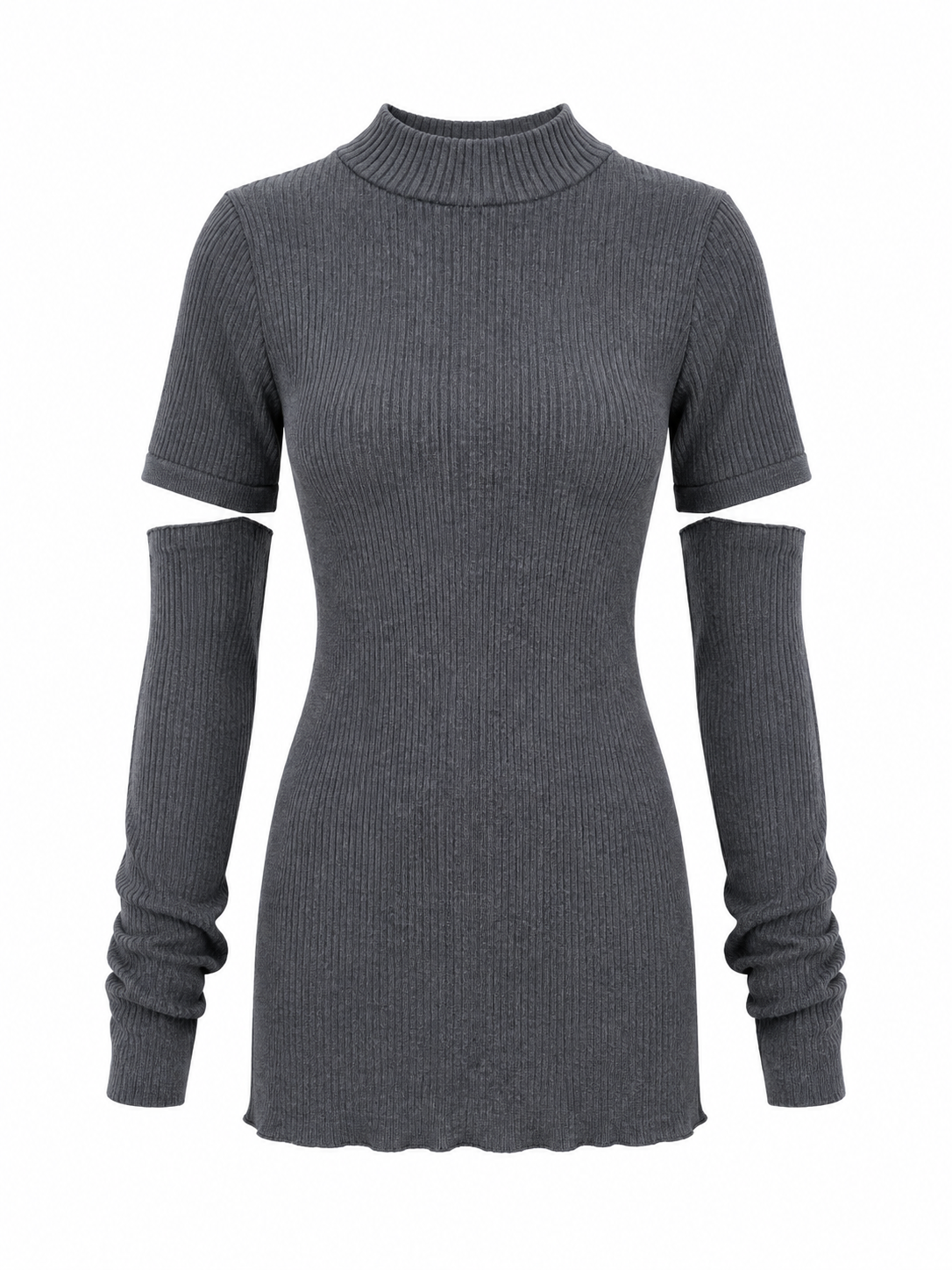 A dark gray ribbed knit mock neck sweater dress with short sleeves and cutout details on the upper arms, shown against a plain white background.