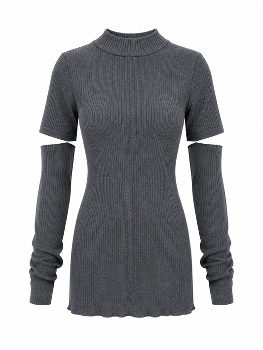 A dark gray ribbed knit mock neck sweater dress with short sleeves and cutout details on the upper arms, shown against a plain white background.