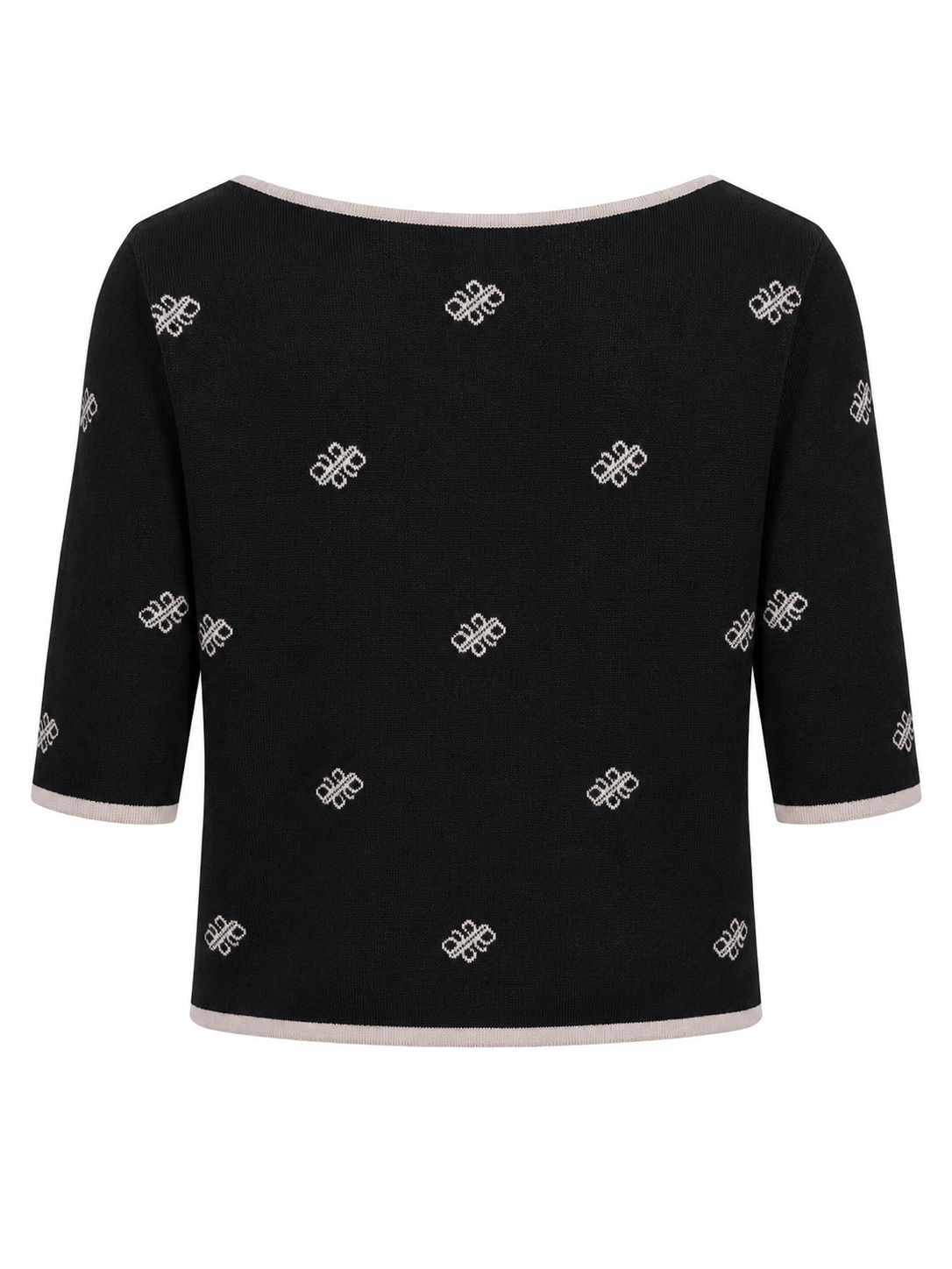 A black knit top with a boat neckline, elbow-length sleeves, and a repeating white geometric logo pattern. The top features light beige trim along the collar, cuffs, and hem, shown against a plain white background.
