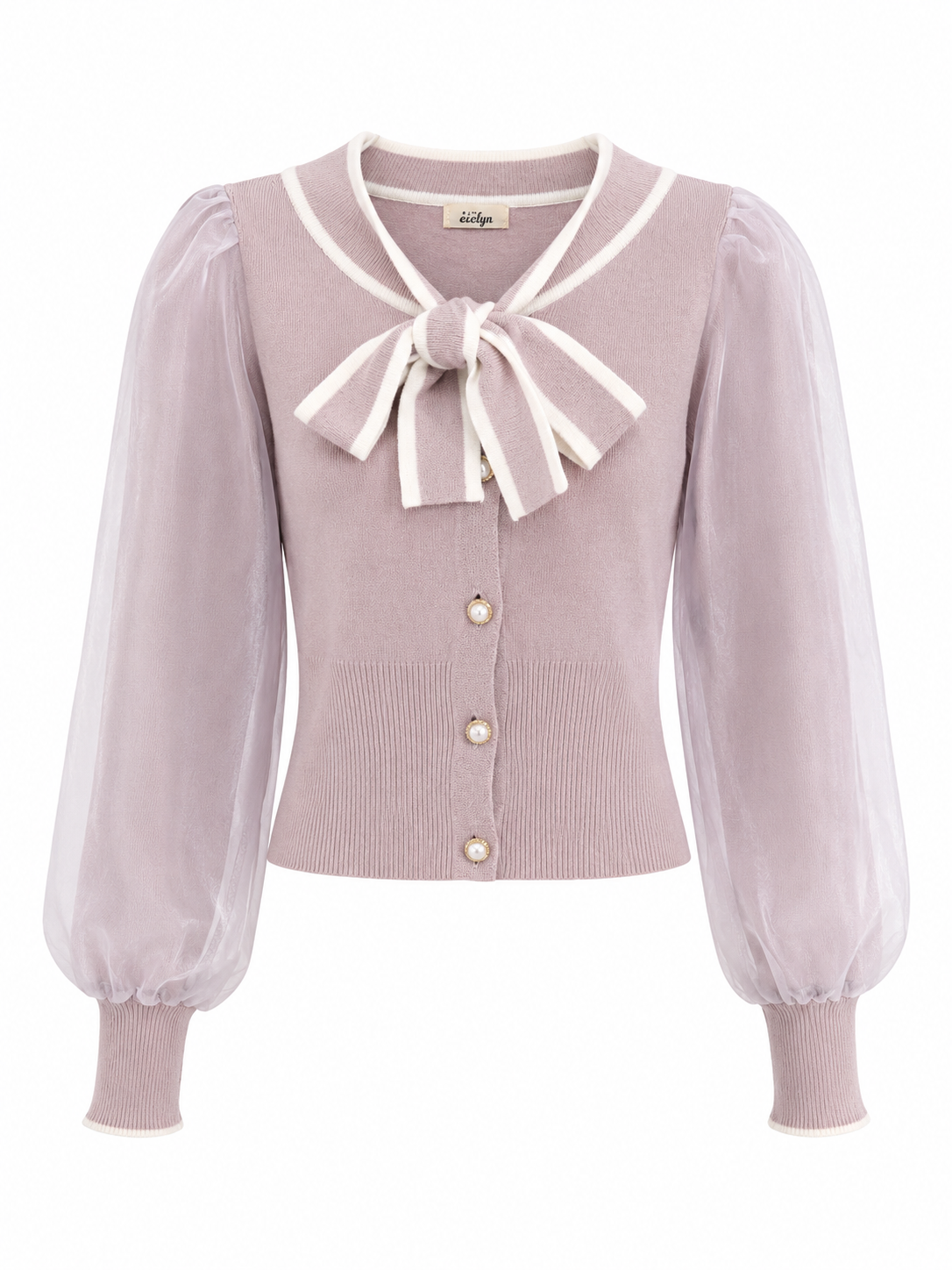 EVELYN Dusty Pink Knit Cardigan with Sheer Puff Sleeves & Sailor Bow Collar