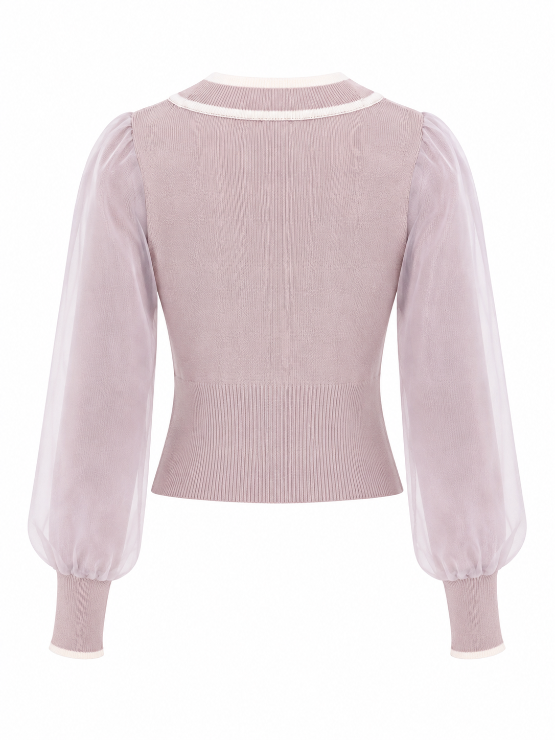 EVELYN Dusty Pink Knit Cardigan with Sheer Puff Sleeves & Sailor Bow Collar