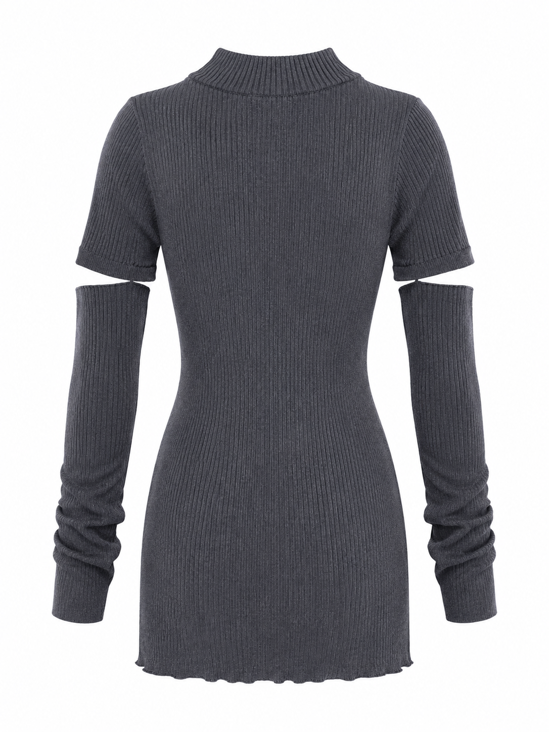 A dark gray ribbed knit mock neck sweater dress with short sleeves featuring cutout details at the underarms and stacked long sleeves, shown against a plain white background.