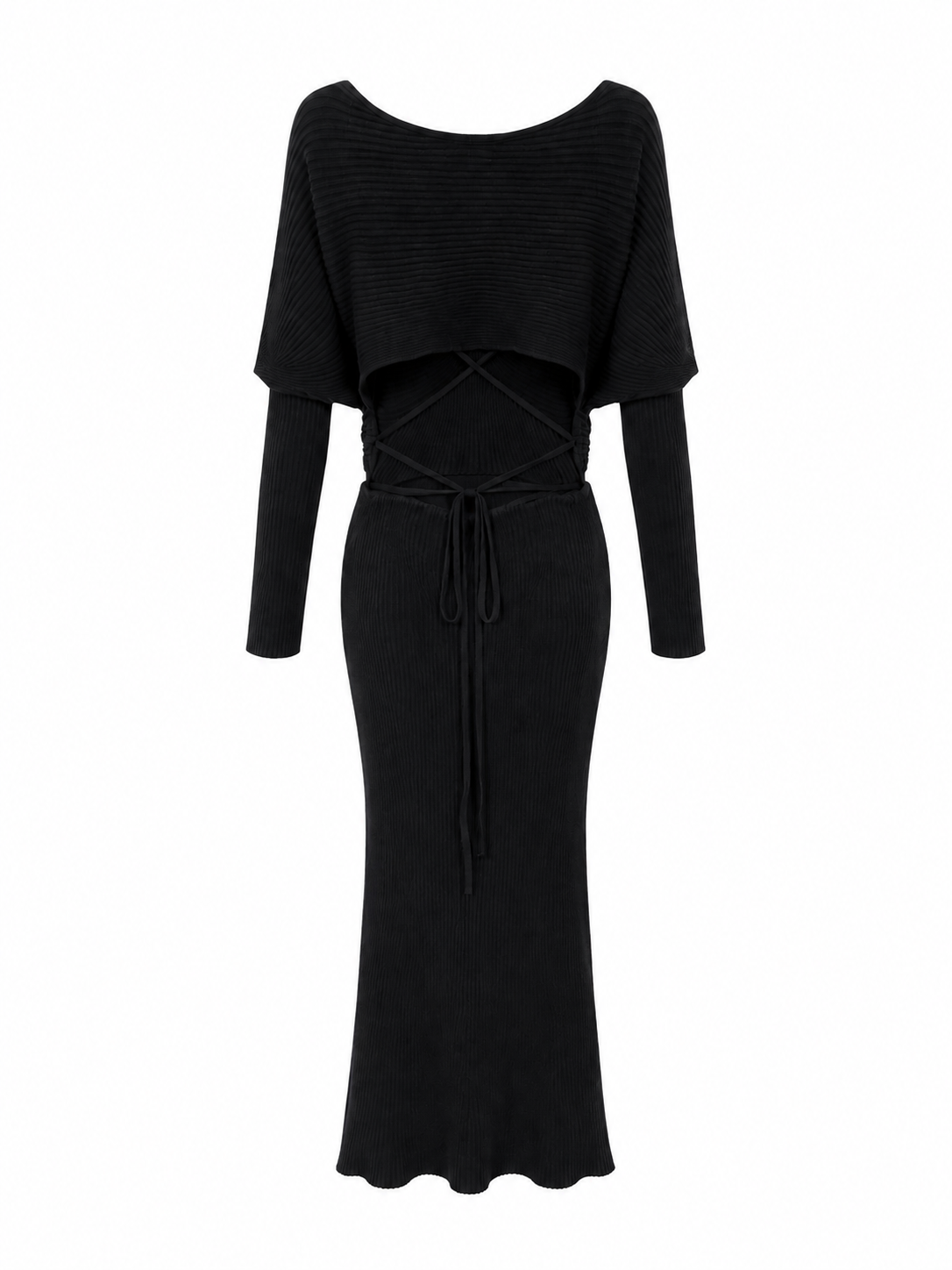 SNIDEL Black Ribbed Knit Open-Back Lace-Up Maxi Dress