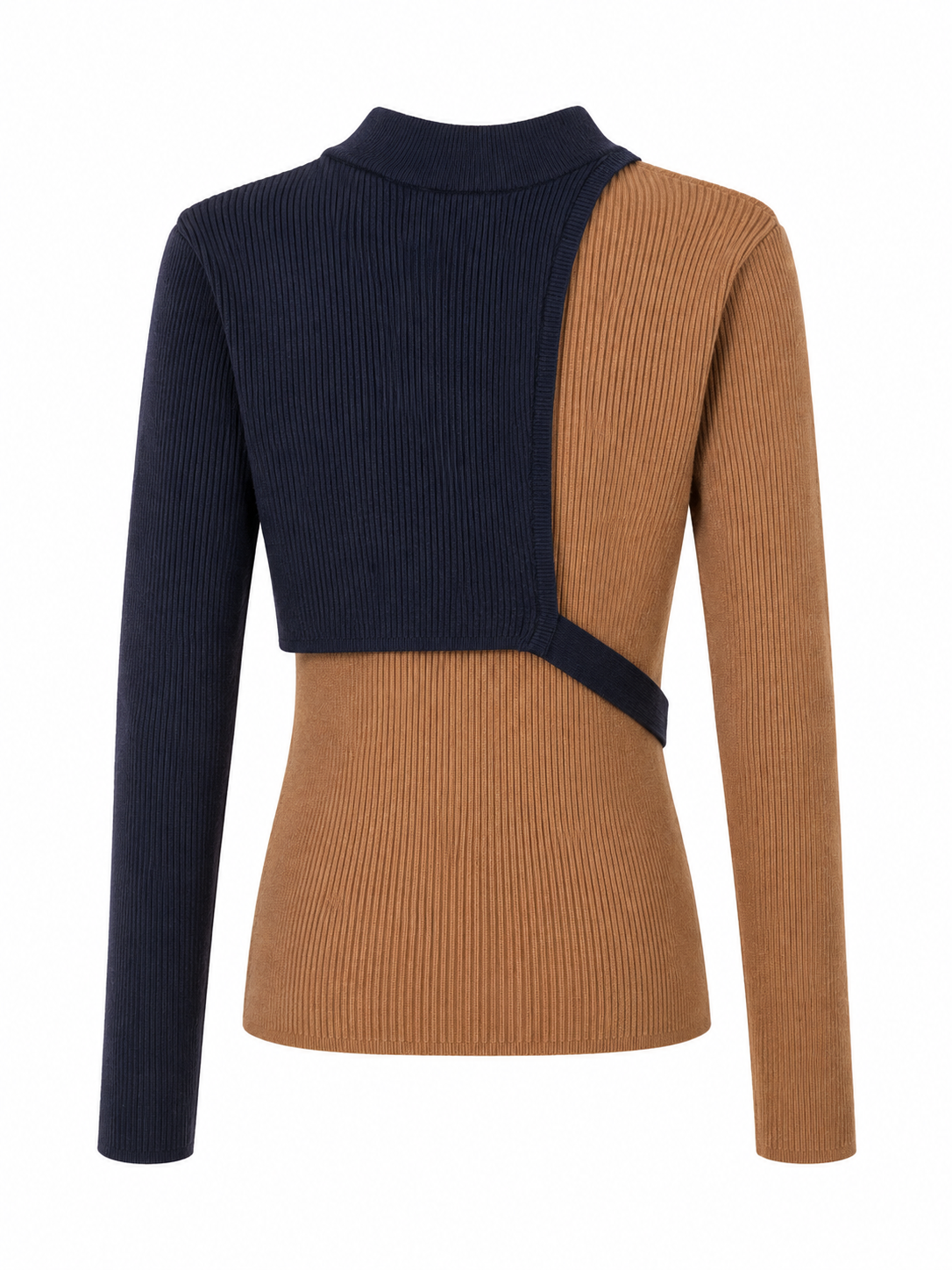 A long-sleeve ribbed knit mock neck sweater with a color-blocked design, featuring a navy blue upper chest and one sleeve paired with a camel brown lower body and the other sleeve.