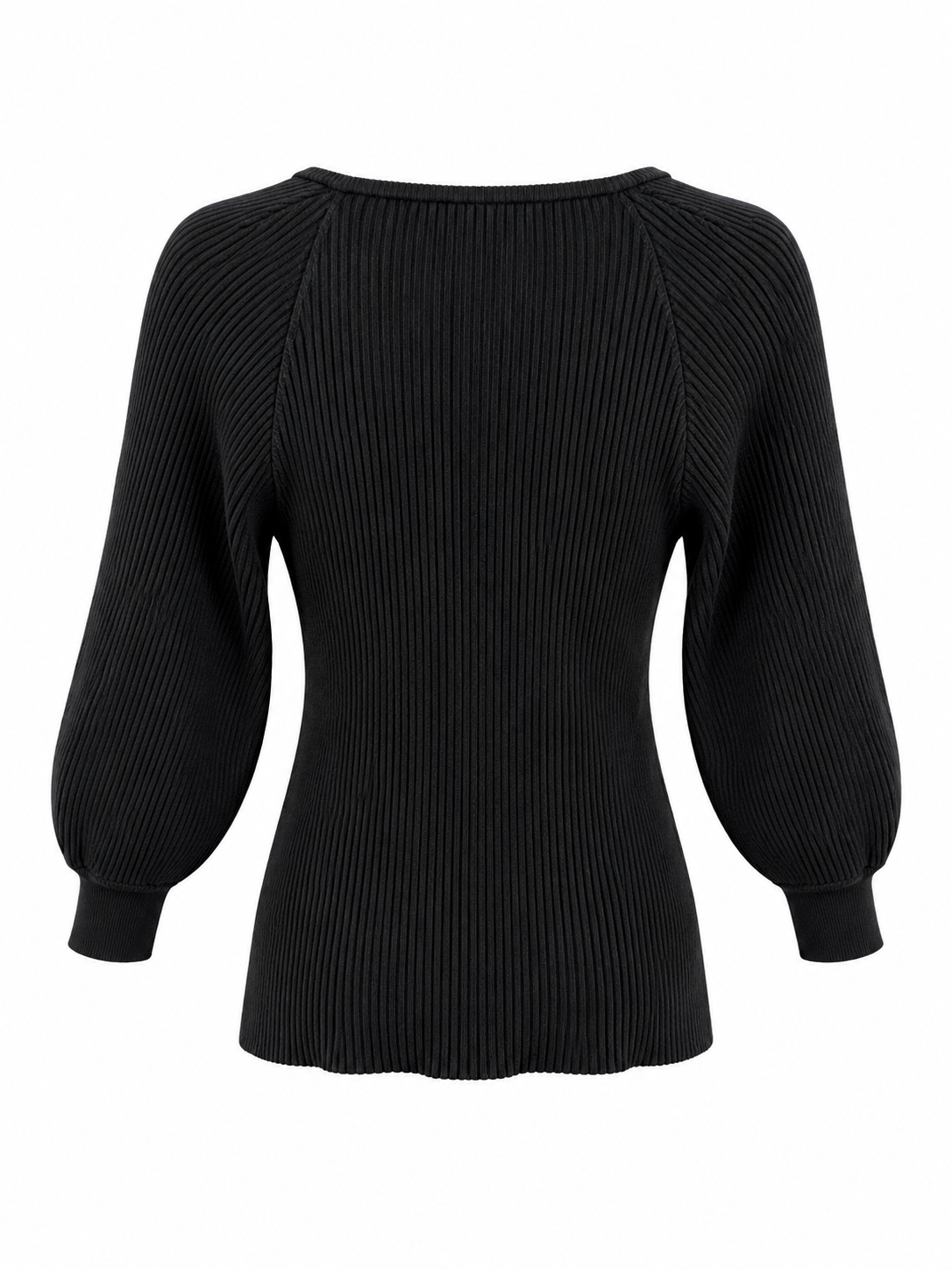A black ribbed knit sweater with balloon sleeves and a wide boat neckline, shown against a plain white background.