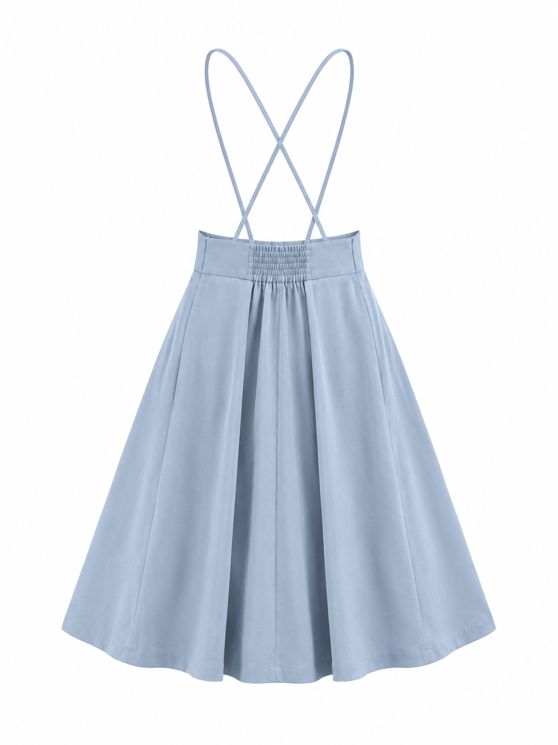 A light blue A-line mini dress with thin double shoulder straps that cross at the back, a smocked elastic waistband, and a flared skirt, shown against a plain white background.
