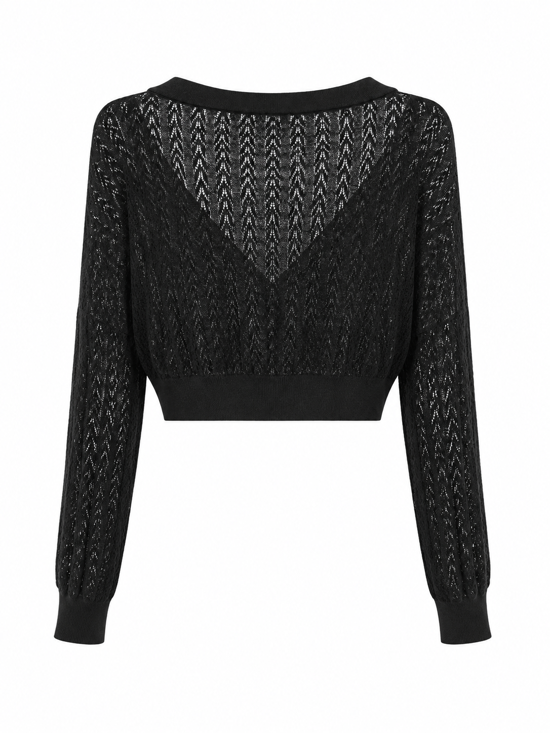 A black long-sleeve cropped knit top with a textured chevron pattern and ribbed trim, shown against a plain white background.