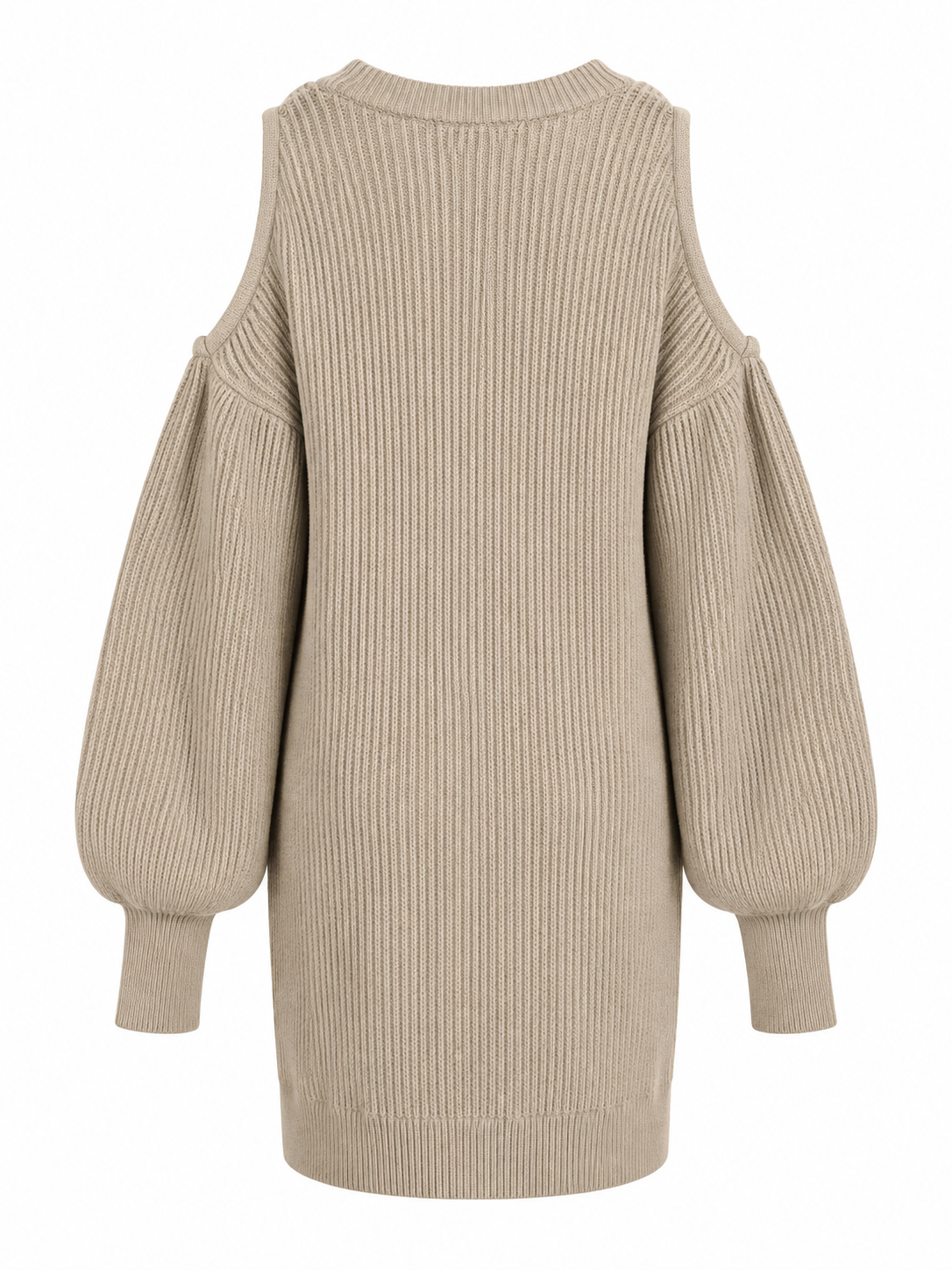 A beige ribbed knit sweater dress with long balloon sleeves and a crew neck, shown from the back on a white background.