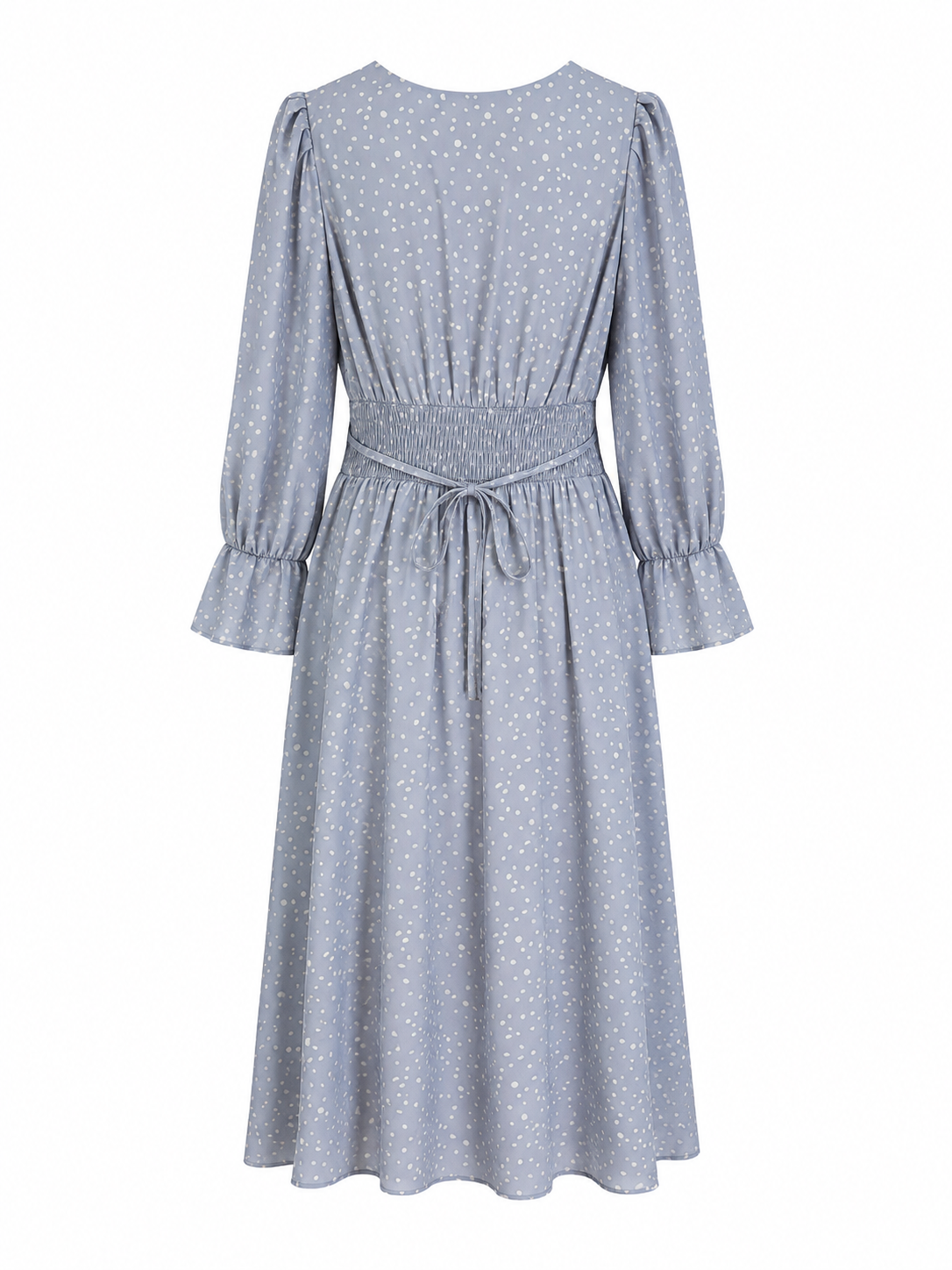 A light blue midi dress with a white ditsy floral print, featuring long puff sleeves, a smocked waist, and a tie belt, shown against a plain white background.