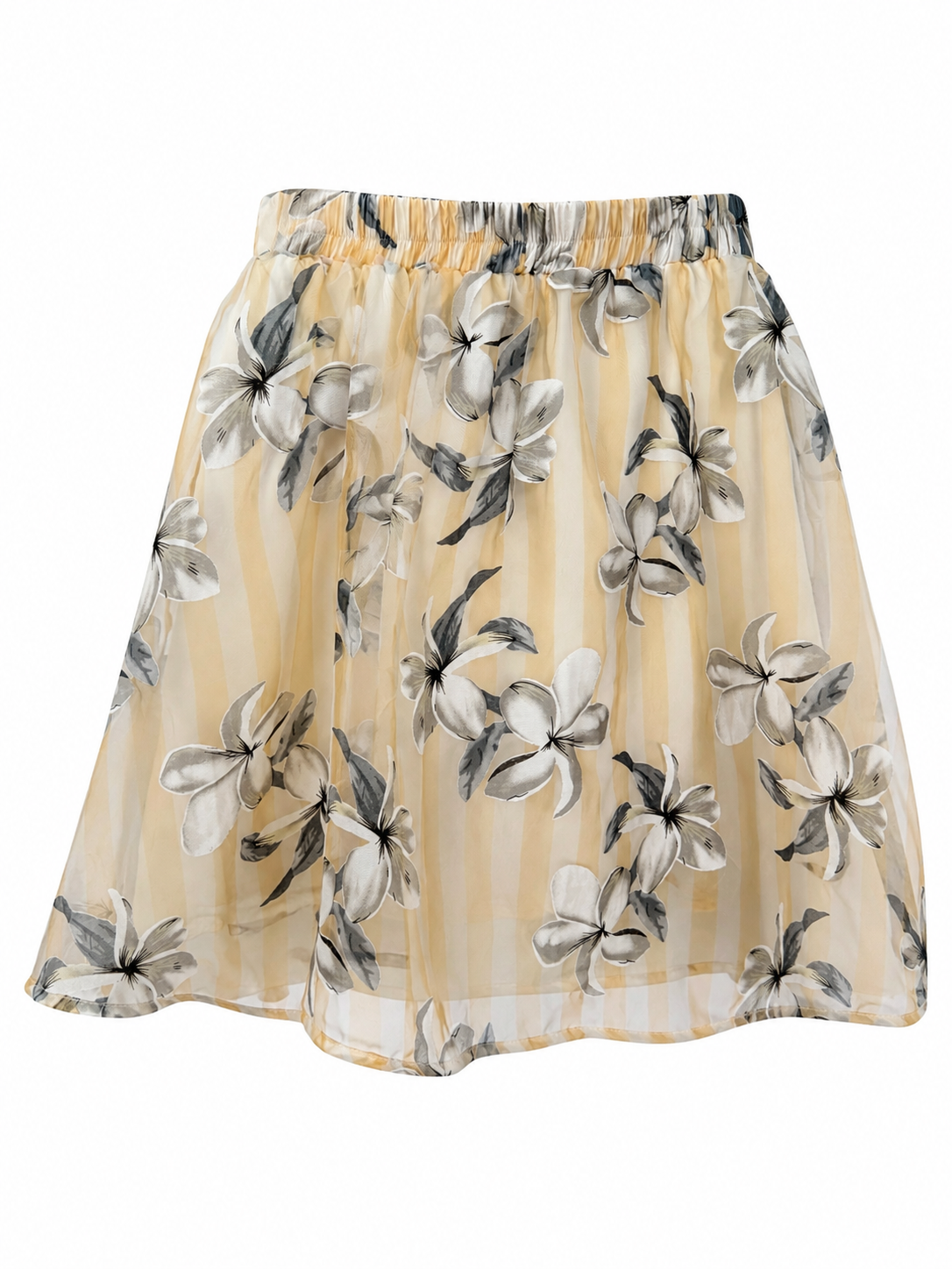 A sheer, lightweight A-line skirt in a pale yellow-beige color, featuring a watercolor-style floral print of plumeria flowers in gray, white, and black.