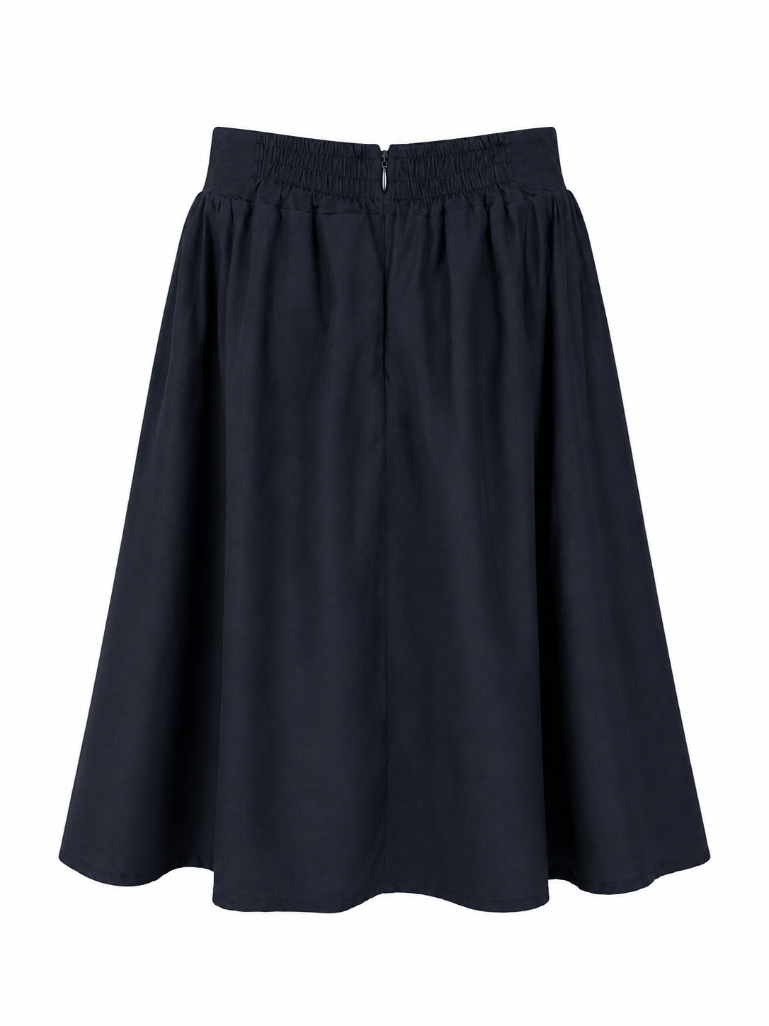 A dark navy blue A-line skirt with an elastic waistband, shown against a plain white background.