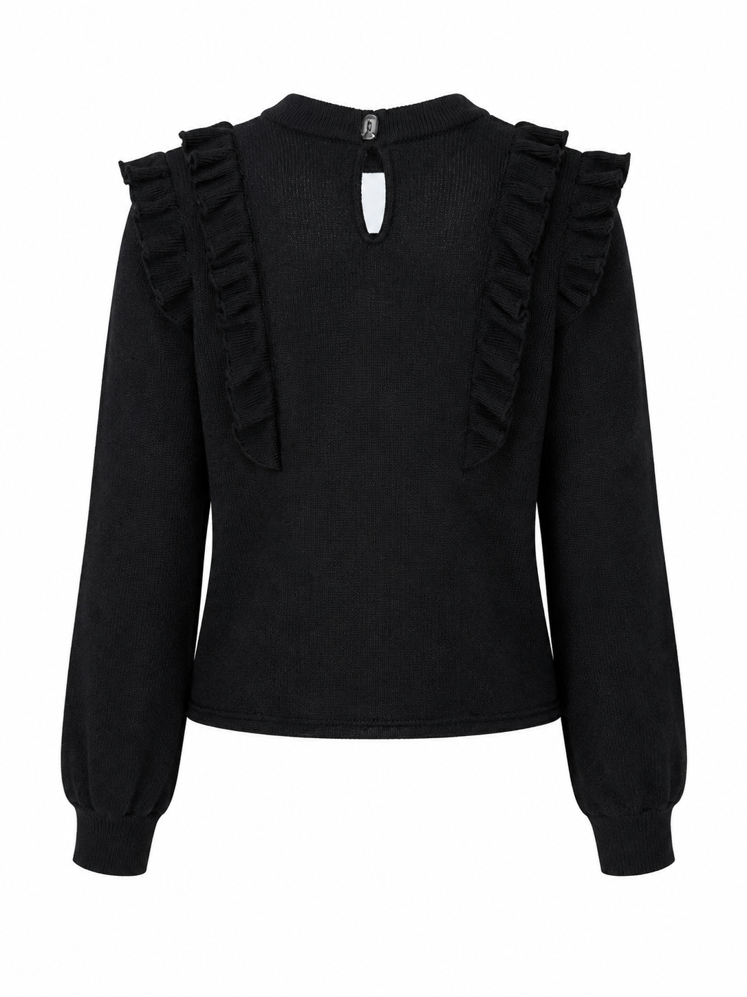A black long-sleeve knit top with dramatic ruffled shoulder details and a small keyhole cutout at the back neckline, shown against a plain white background.