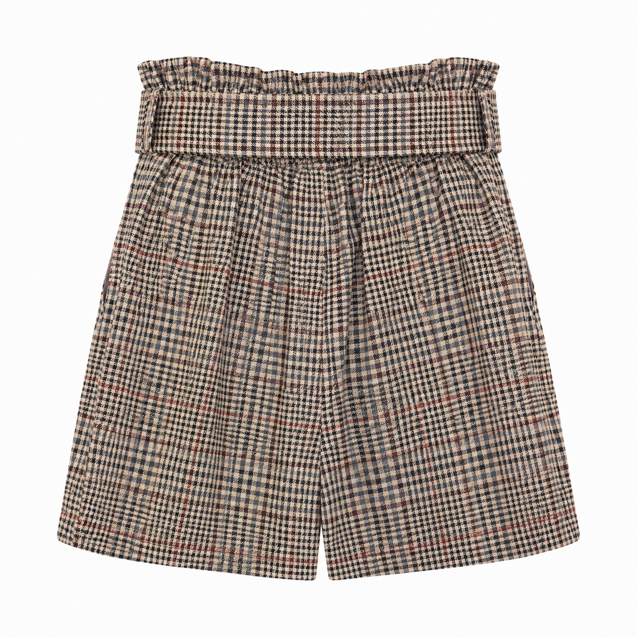 A pair of high-waisted shorts featuring a brown, beige, and black gingham pattern with subtle red and blue speckles. The shorts have a distinctive ruffled paperbag waistband and a smocked elastic waist, photographed flat on a white background.