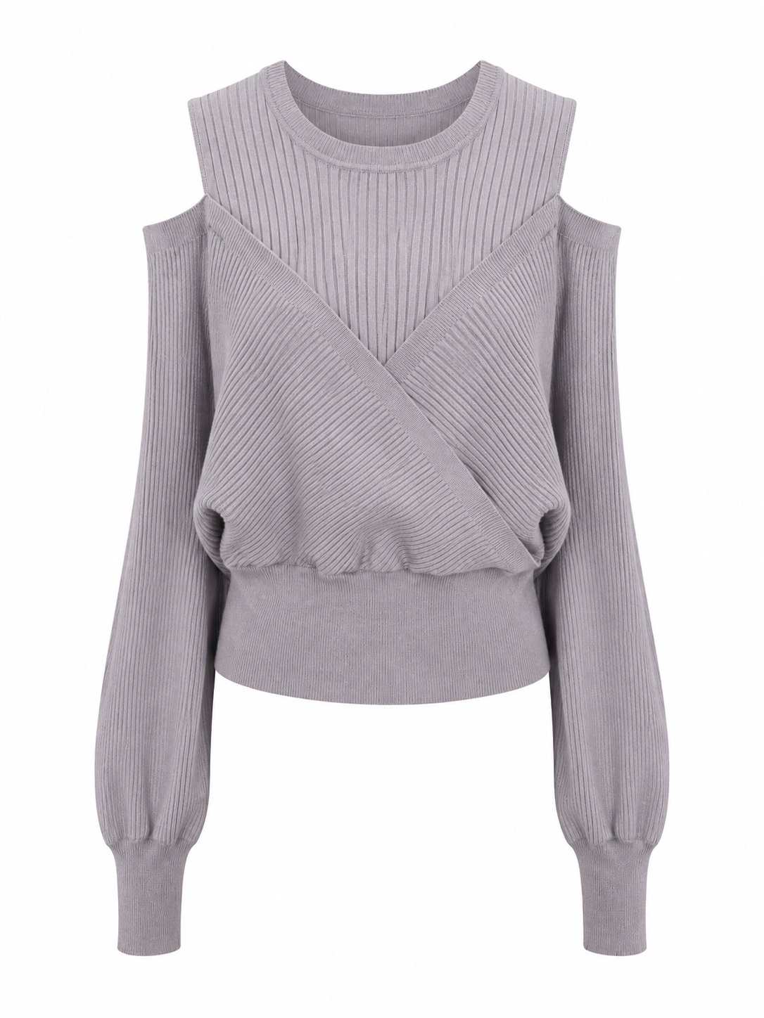 A light gray ribbed knit long-sleeve top with a crew neck, cold-shoulder cutouts, and a wrap-style crossover front detail, shown against a plain white background.