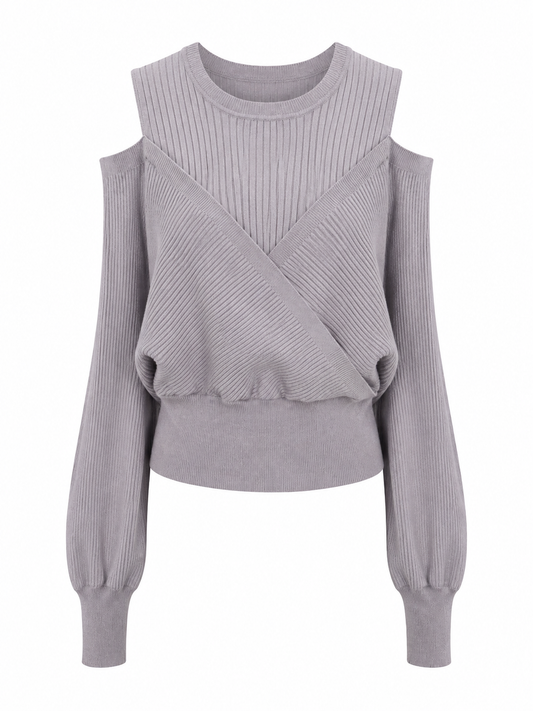 A light gray ribbed knit long-sleeve top with a crew neck, cold-shoulder cutouts, and a wrap-style crossover front detail, shown against a plain white background.
