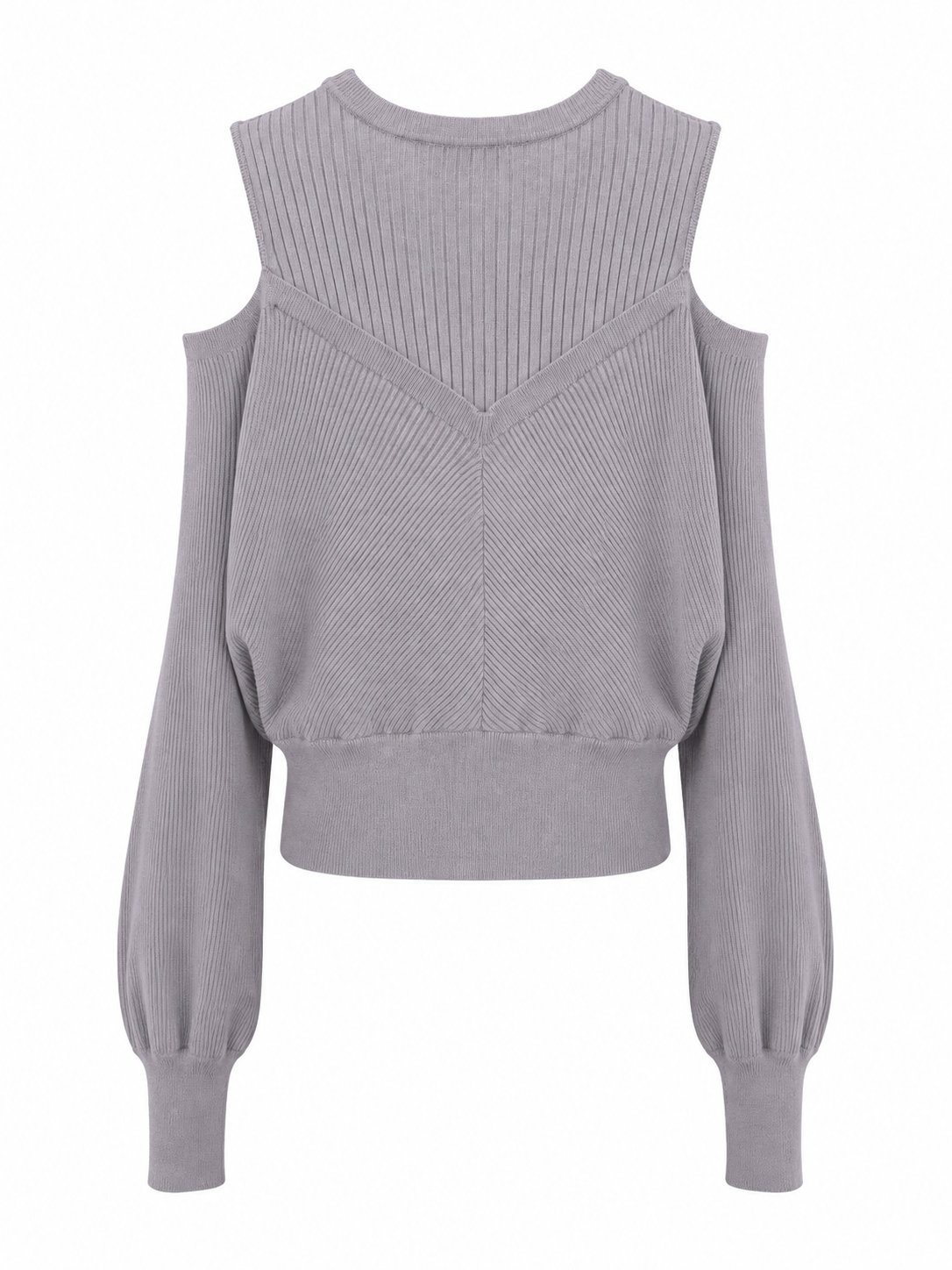 A light gray ribbed knit sweater with long sleeves, a crew neck, and a unique V-shaped chest panel, shown against a plain white background.