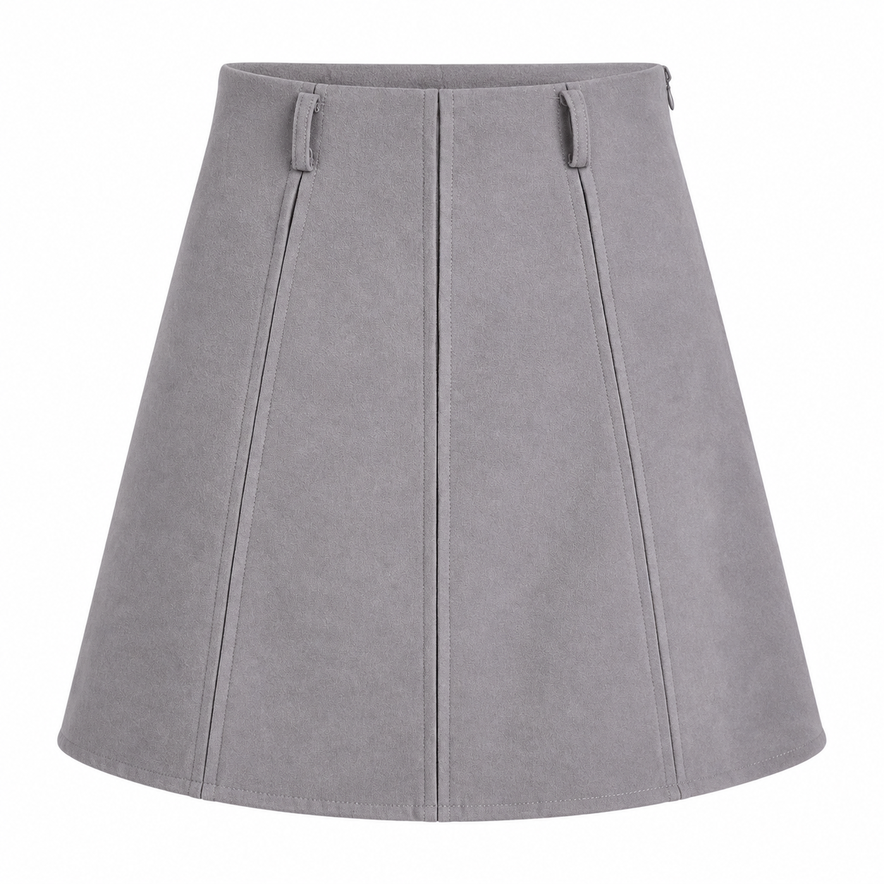 A light gray flared mini skirt with a structured waistband and vertical seam details, shown against a plain white background.