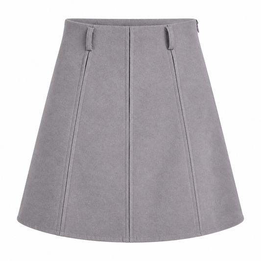 A light gray flared mini skirt with a structured waistband and vertical seam details, shown against a plain white background.
