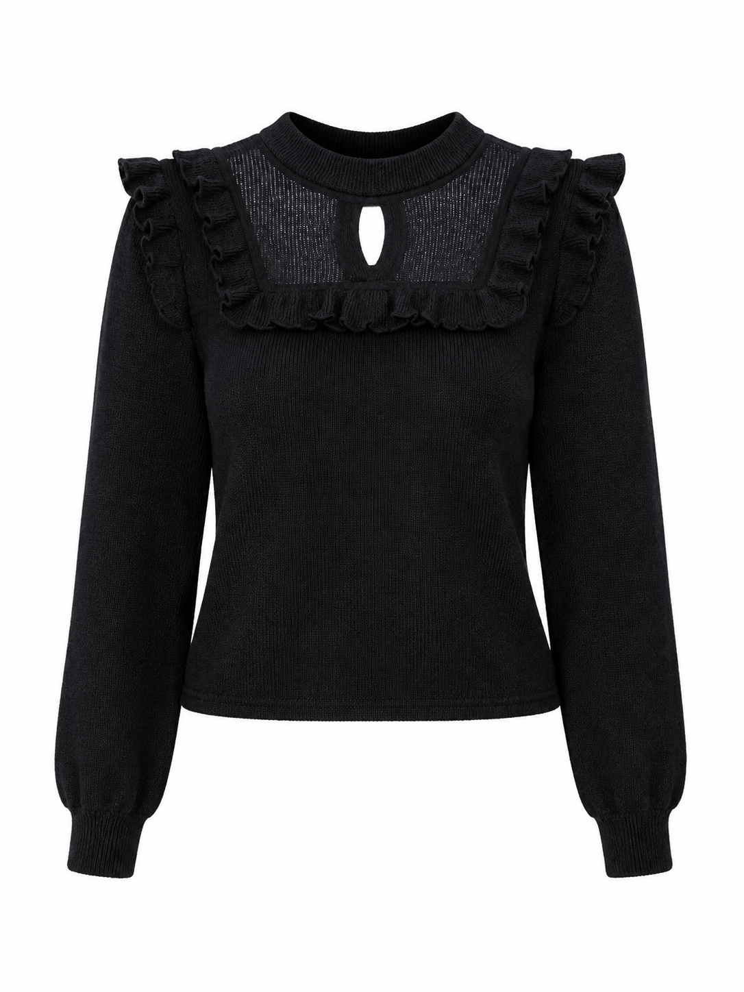EAT ME Black Ruffle Trim Knit Long Sleeve Top