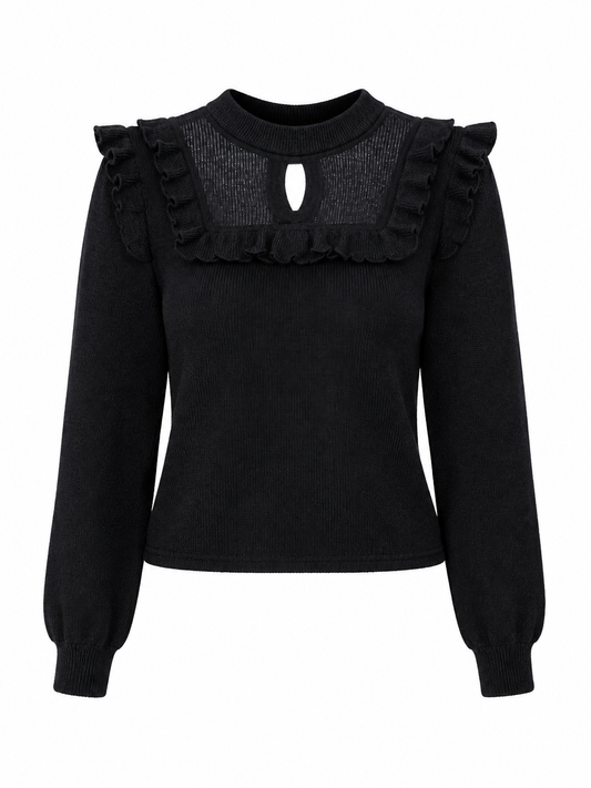 EAT ME Black Ruffle Trim Knit Long Sleeve Top