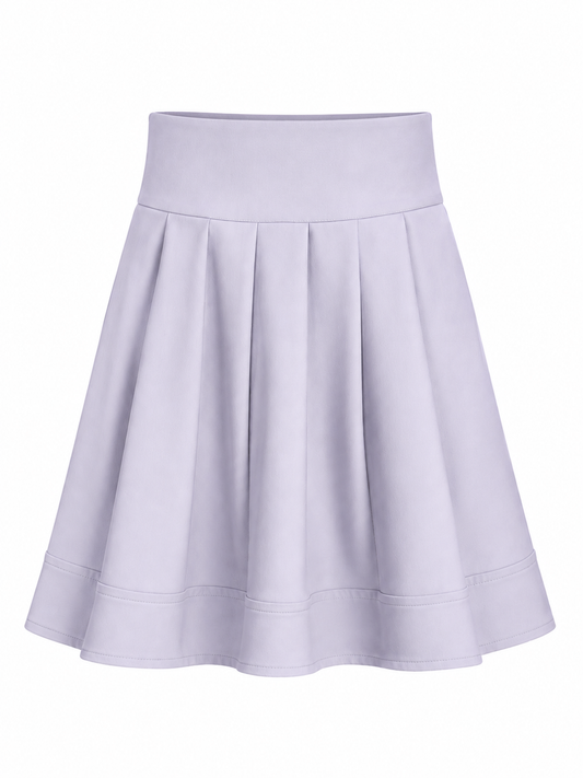 A light lavender pleated skirt with a wide waistband and double hem, shown against a plain white background.