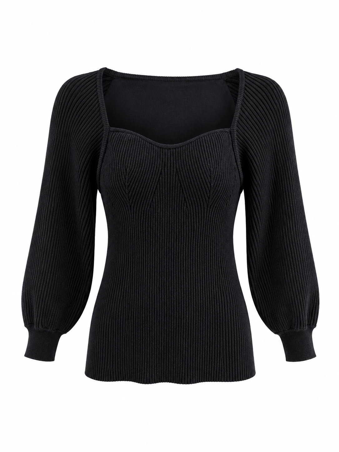 FRAY I.D Black Ribbed Knit Sweetheart Neck Puff Sleeve Top