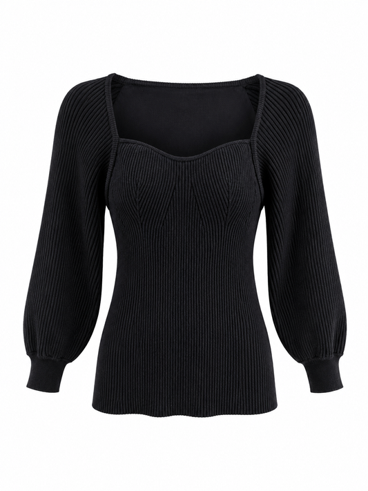 FRAY I.D Black Ribbed Knit Sweetheart Neck Puff Sleeve Top