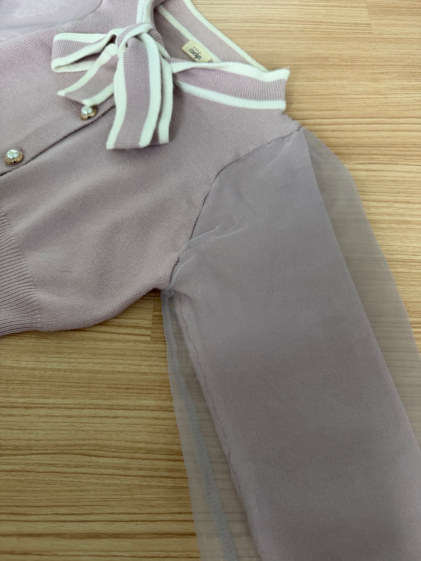 EVELYN Dusty Pink Knit Cardigan with Sheer Puff Sleeves & Sailor Bow Collar