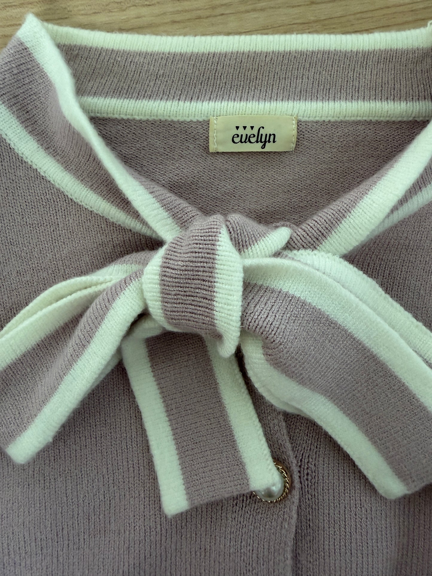 EVELYN Dusty Pink Knit Cardigan with Sheer Puff Sleeves & Sailor Bow Collar