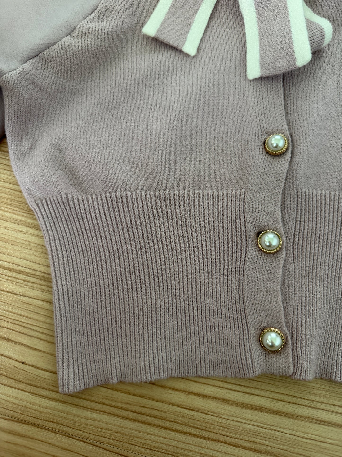 EVELYN Dusty Pink Knit Cardigan with Sheer Puff Sleeves & Sailor Bow Collar