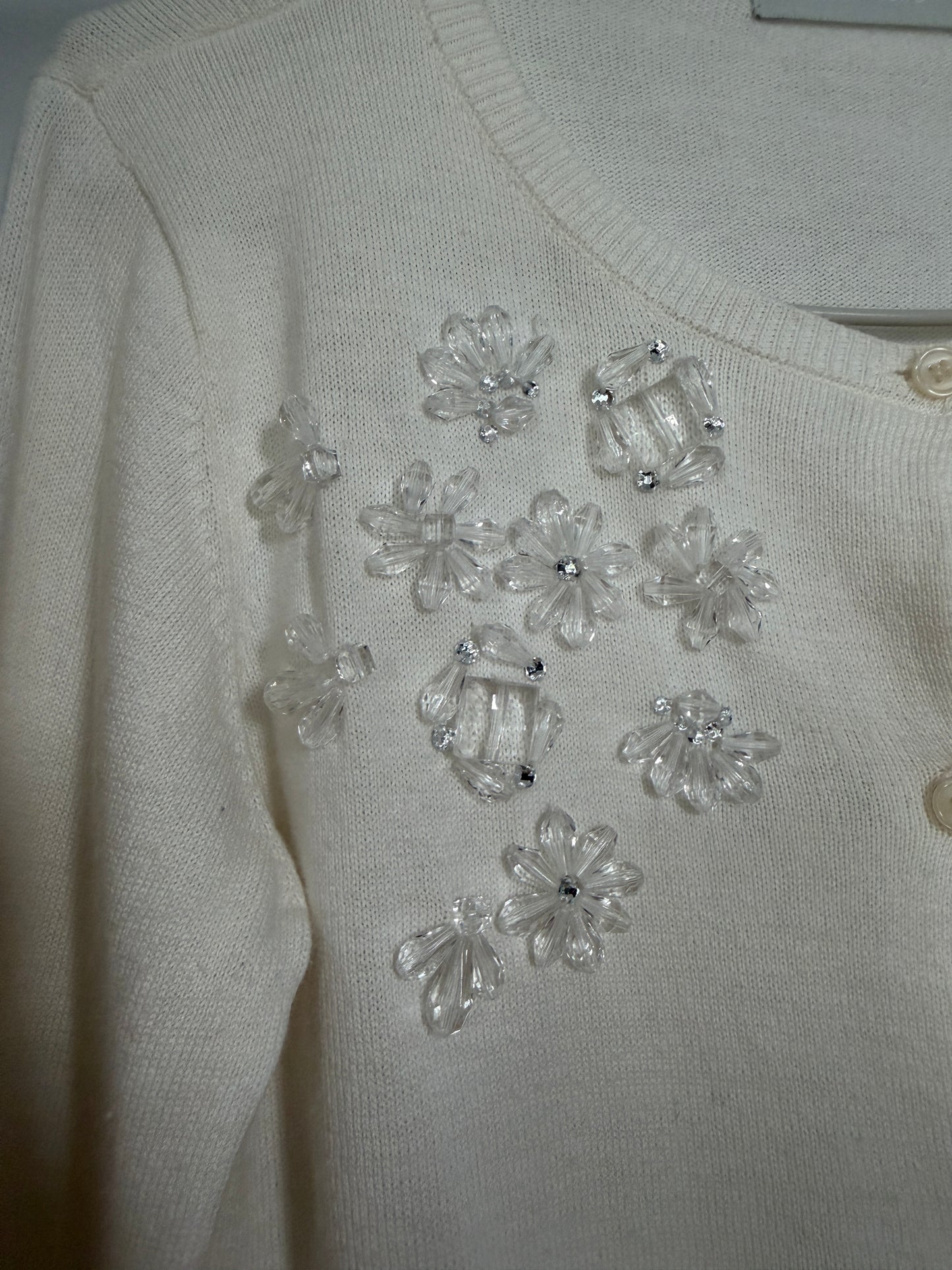 Close-up of a cream-colored knit cardigan featuring clear, faceted flower-shaped embellishments with small silver rhinestone centers.