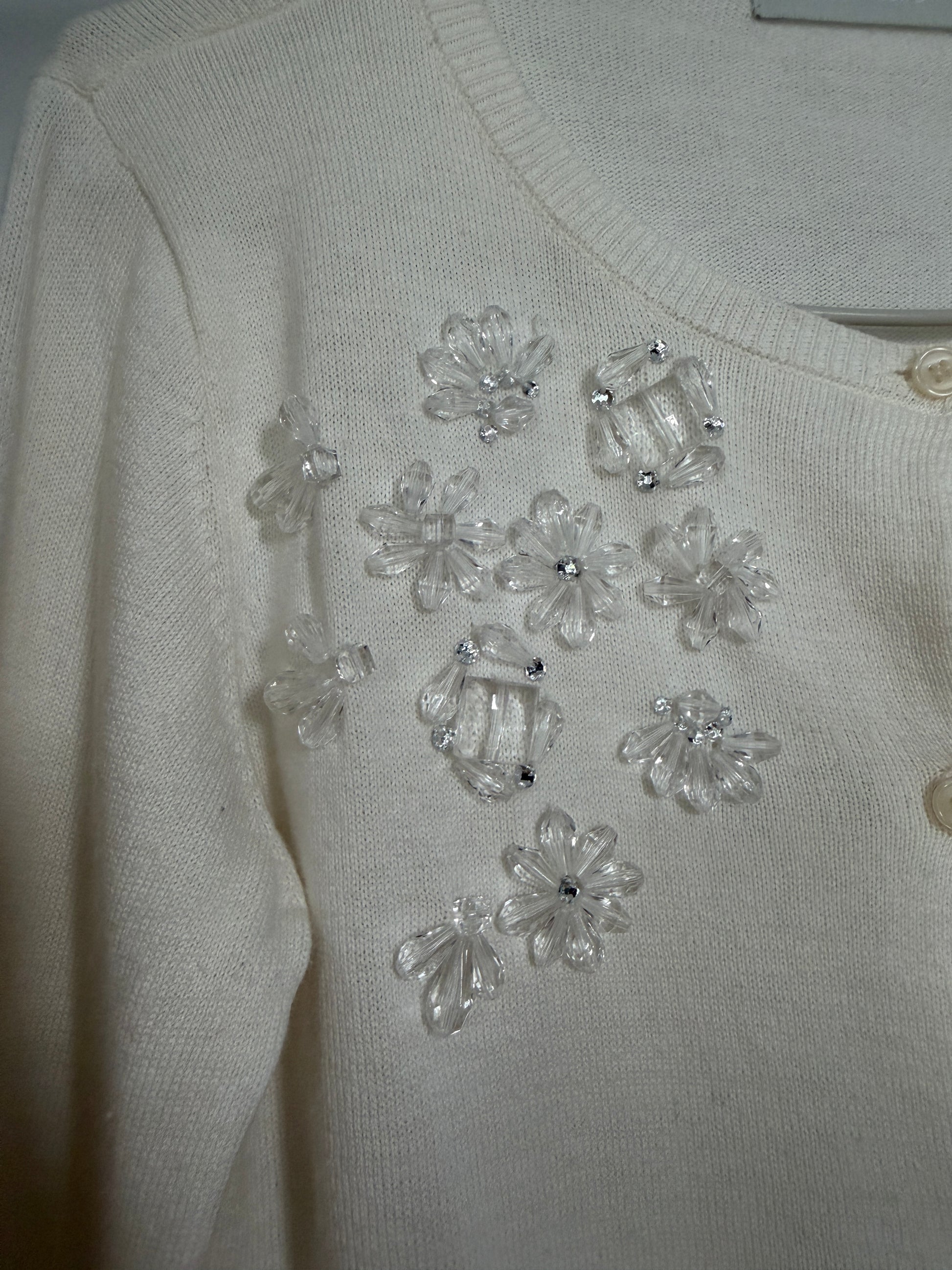 Close-up of a cream-colored knit cardigan featuring clear, faceted flower-shaped embellishments with small silver rhinestone centers.