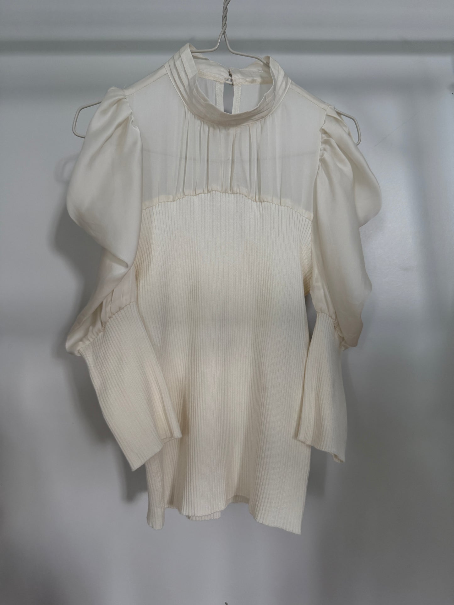 An off-white/cream blouse hanging on a metal hanger against a plain light gray wall. The blouse features a high mock neck, sheer puff sleeves, and a textured pleated body.