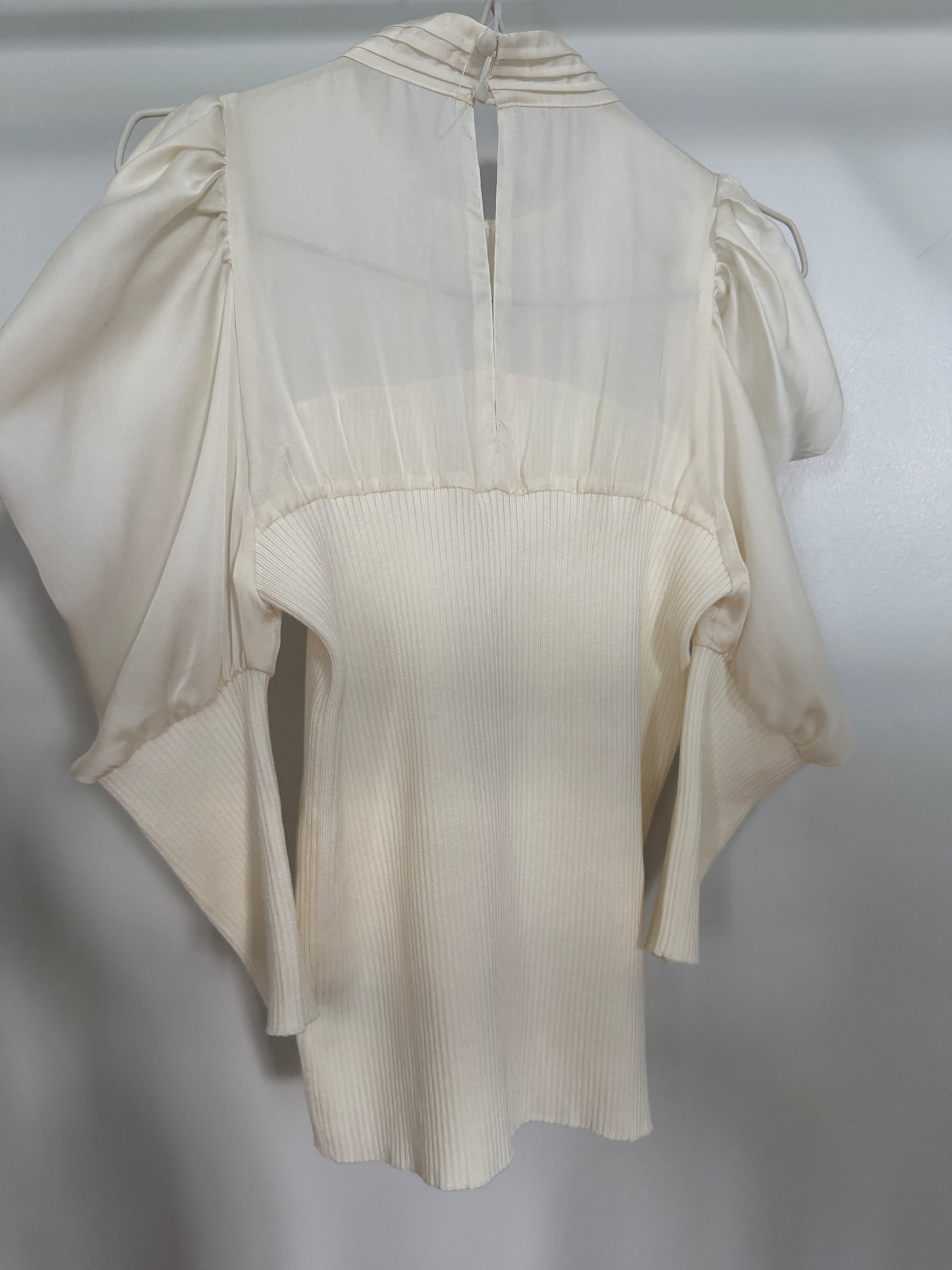 An ivory cream-colored blouse with a pleated back, sheer long sleeves, and a gathered waist, shown hanging against a light gray background.